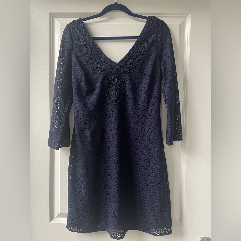 Lilly Pulitzer Alden Lace Tunic Dress Geo Circle Knit Lace Navy Size Medium NWT